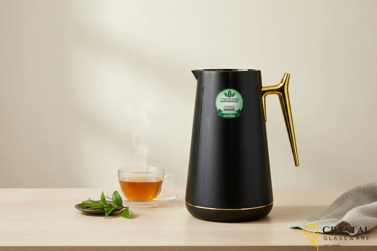 Lavidar branded thermos flask in black matte exterior with a luxurious gold handle and lid — Crystal Glassware Pakistan